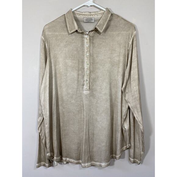 Ploumanac'h Women's XL Beige Long Sleeve Collared Popover Top Distressed Blouse - Picture 1 of 7